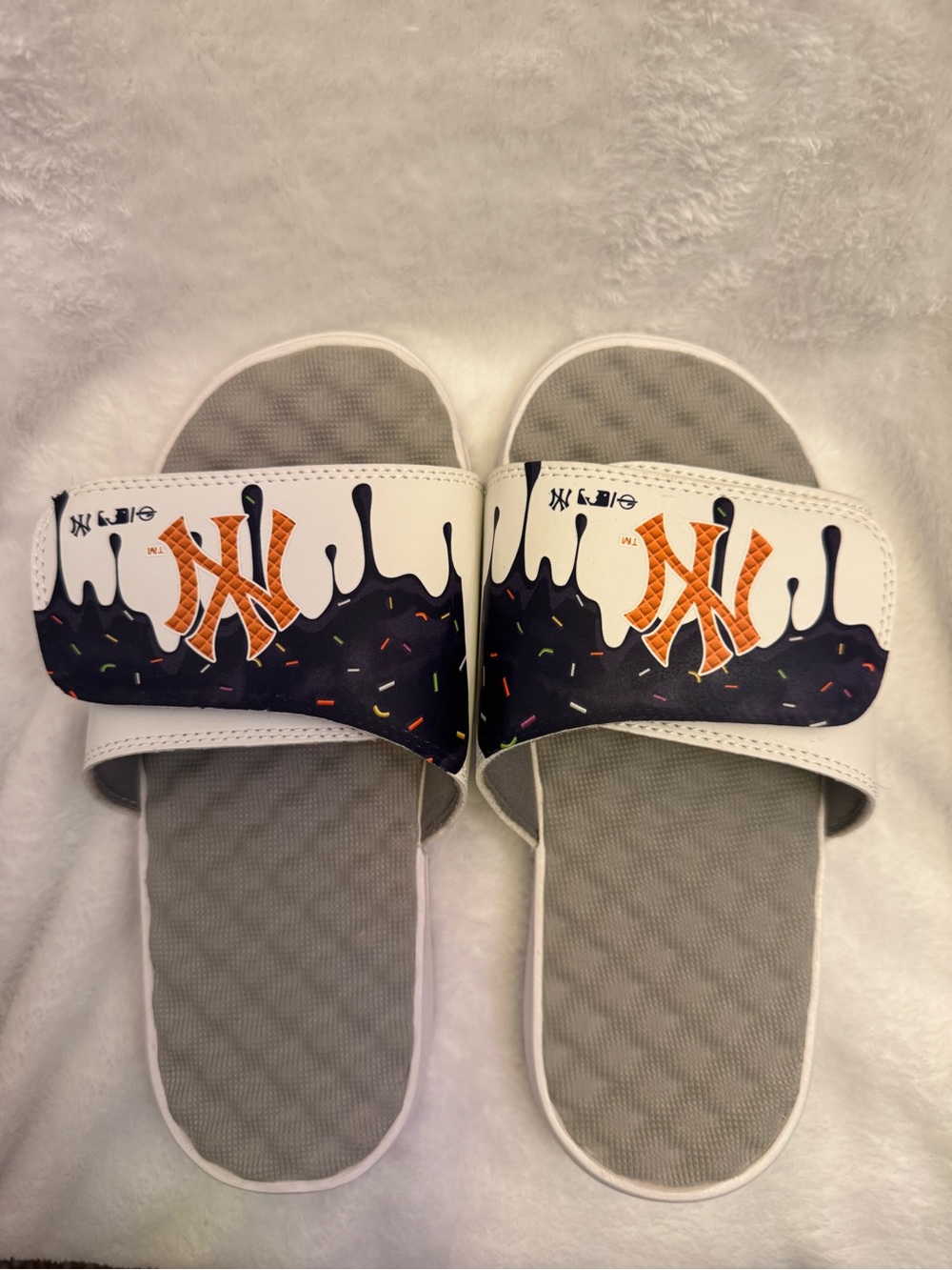 Kids' White and Gray Slide Sandals with Navy & Orange Logo